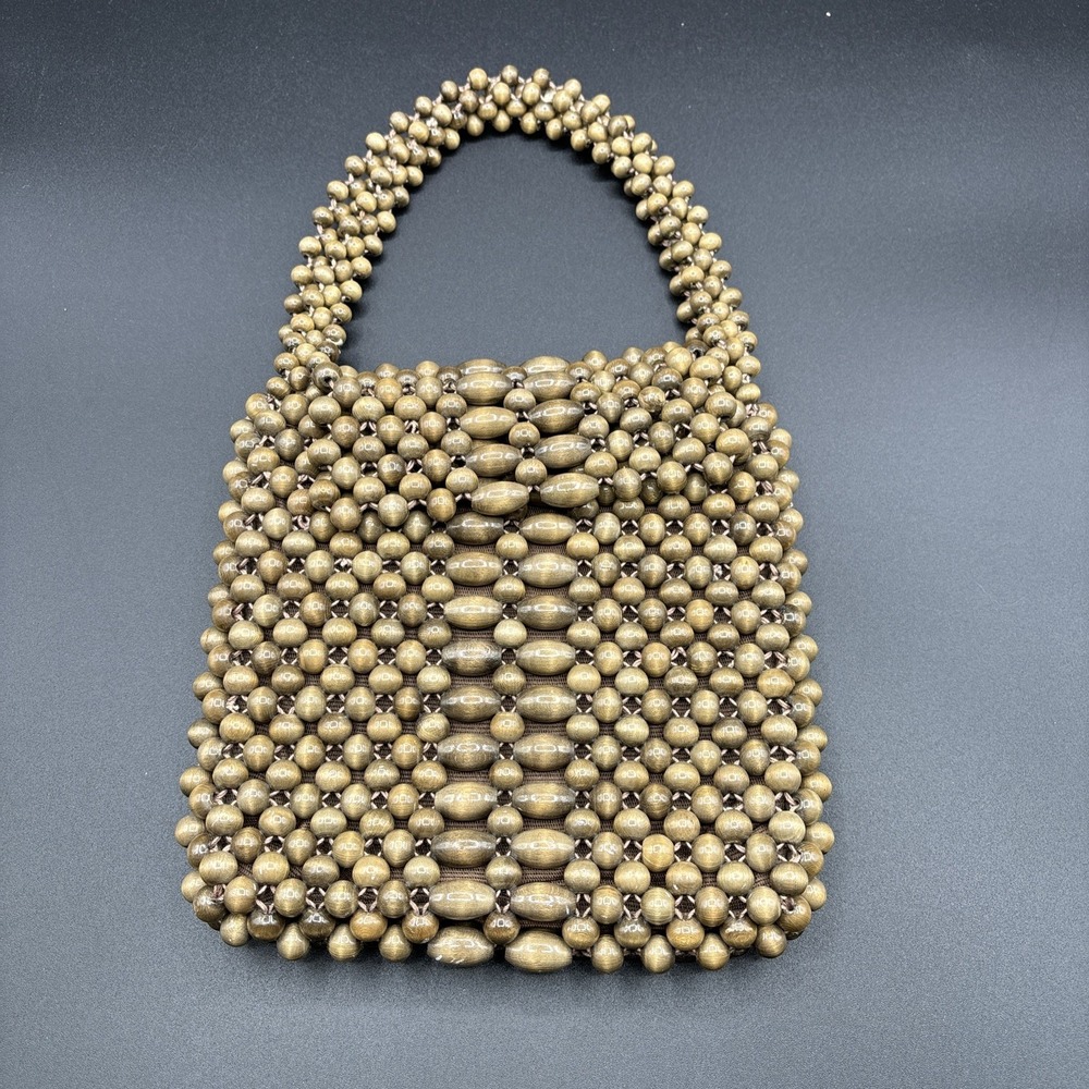 1950s Wood Bead Purse Dayne Taylor Boho Double Handle Handbag Lined MCM Japan